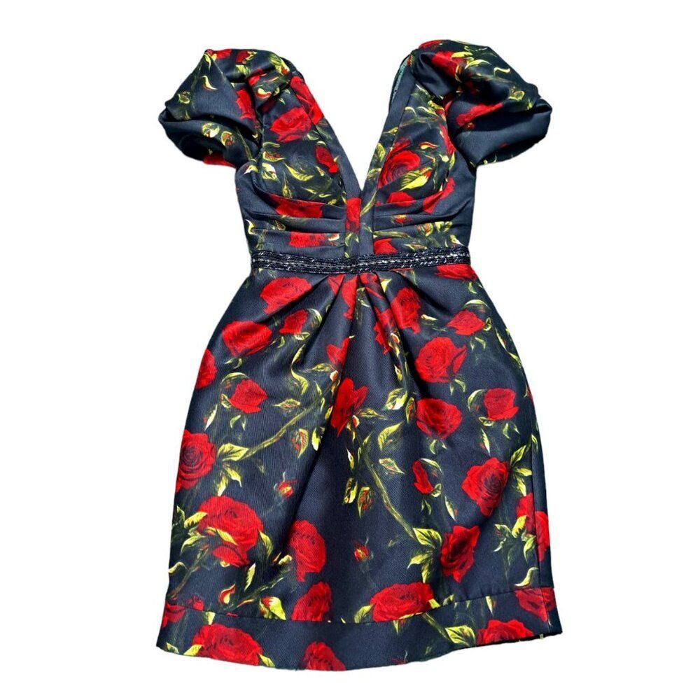 Mac Duggal Black and Red Rose Mini Dress